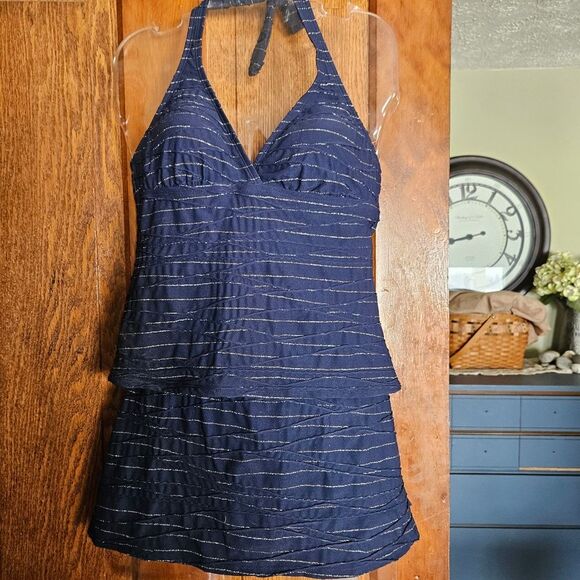 Nautica Navy Halter Swim Top and Skirt with Gold Stripes Sz 10 - Picture 1 of 12